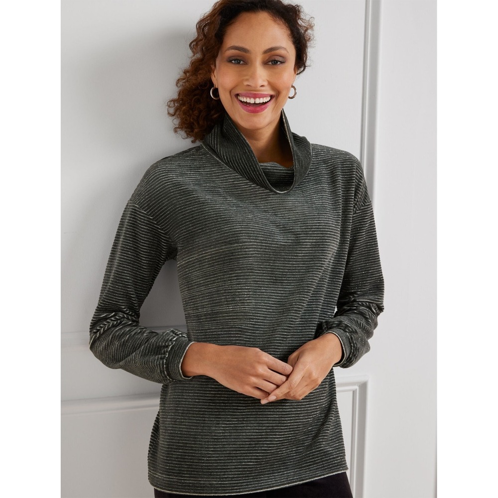 T by Talbots Lurex Blouse Women 1X Gray Luxe Velour‎ Striped Cowl-Neck Tunic NWT